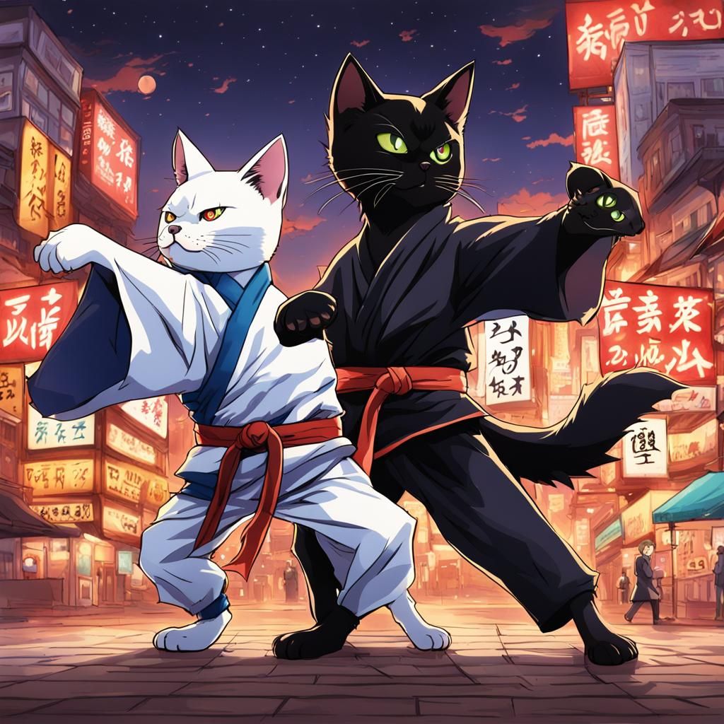 Bat-Cat and Karate Dog in Anime Cityscape