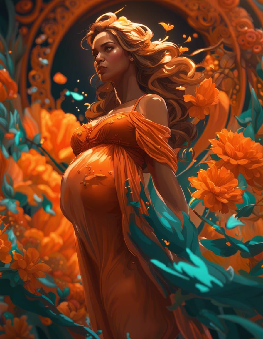 Pregnant Woman in Orange Dress: Art Nouveau Concept