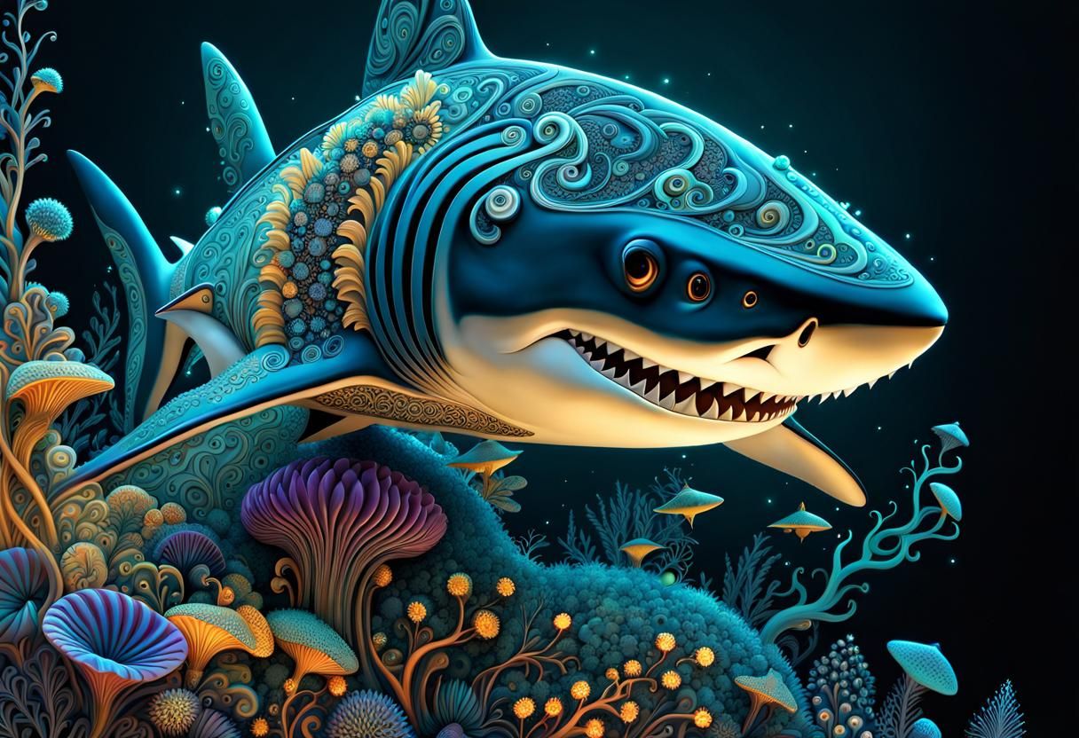 Bioluminescent Shark Hidden in Hyperornate Forest