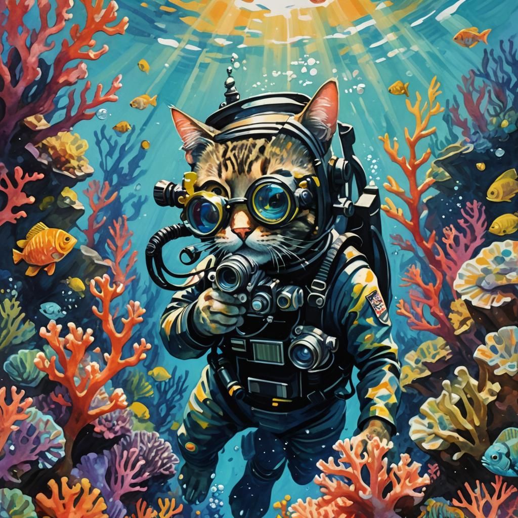 Diving Cat's Underwater Photo: Gouache Impressionist Paintin...