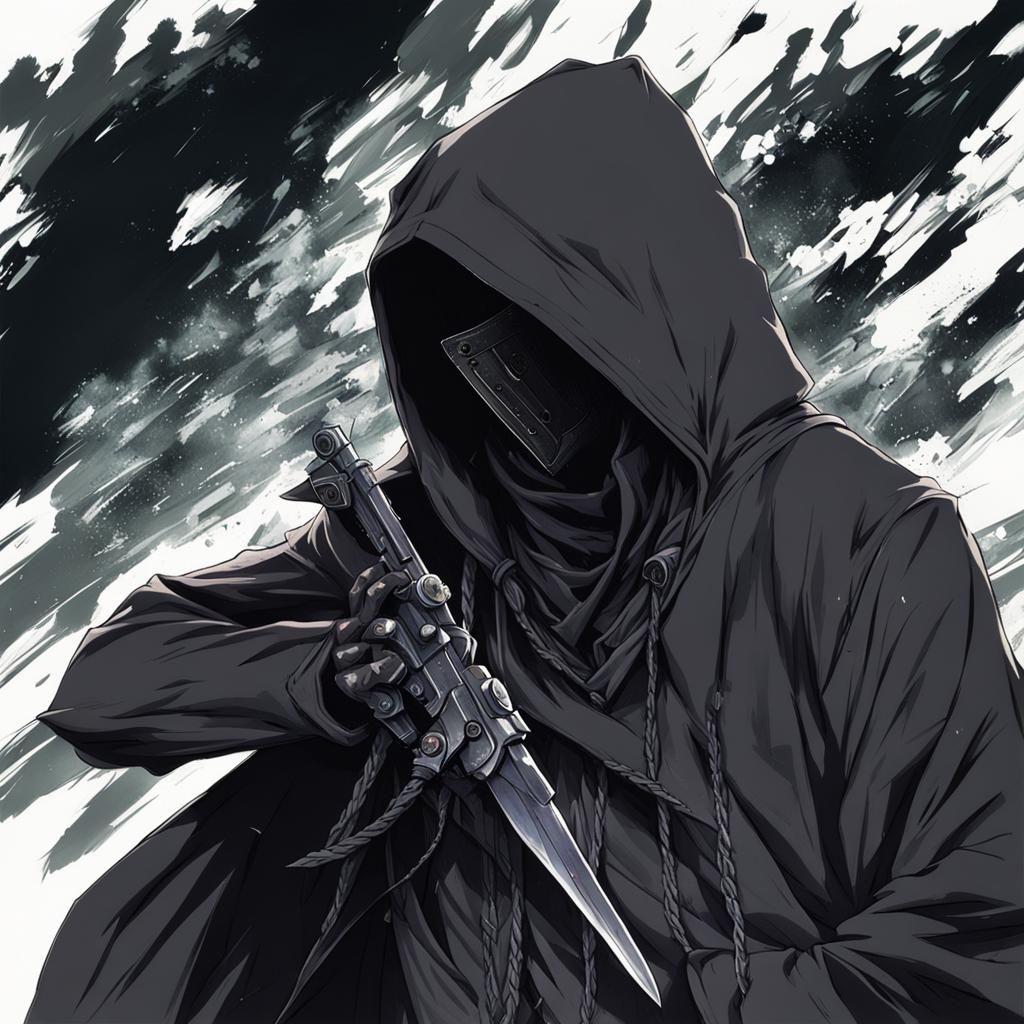 Hooded Figure Committing Crime in Anime Style
