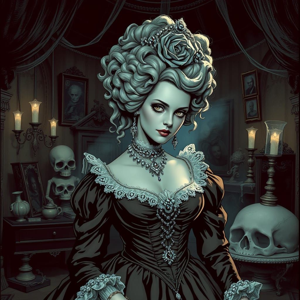 Haunted Madame de Pompadour in 1950s Horror Pulp Comic Style...