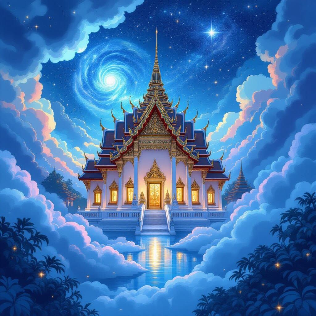 Bioluminescent Thai Temple Floating in Cloudy Starry Sky