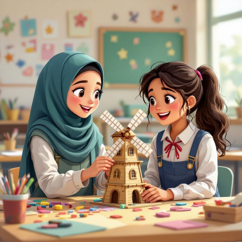 Hijabi Schoolgirl Builds Windmill with Friend: Whimsical Ill...