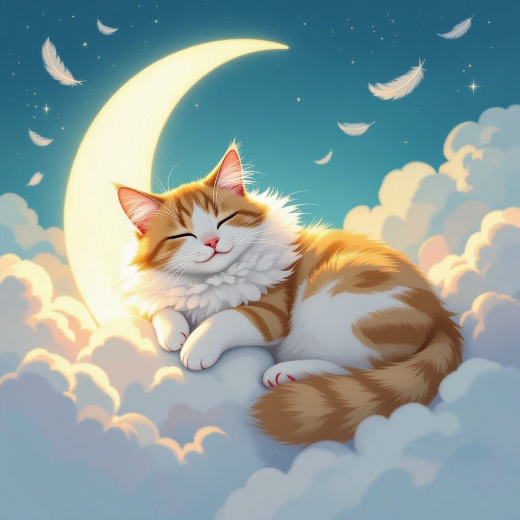 Cat Sleeping on Moon in Whimsical Pastel Art