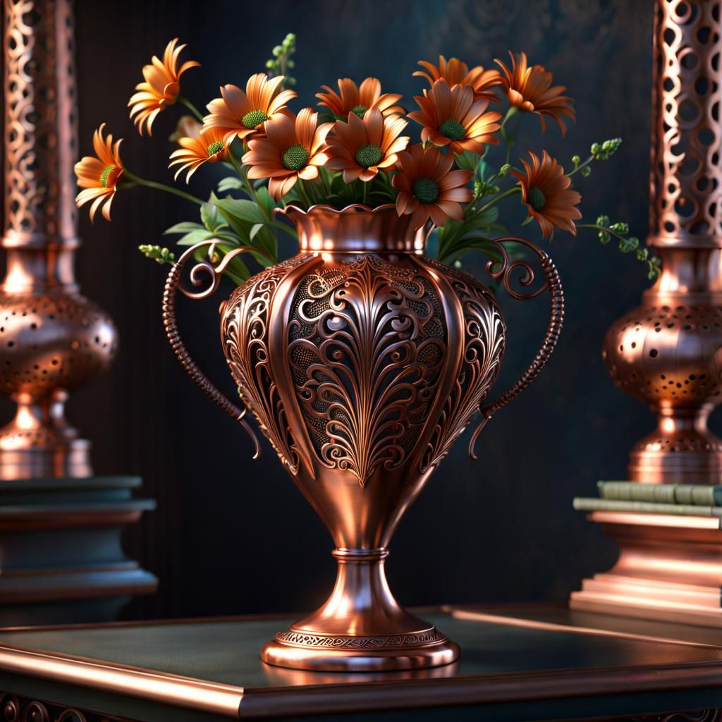 Copper Filigree Flower Vase: Detailed Metal Art