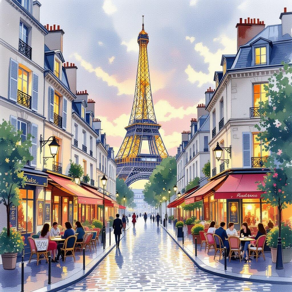 Romantic Paris Cityscape in Watercolor Style