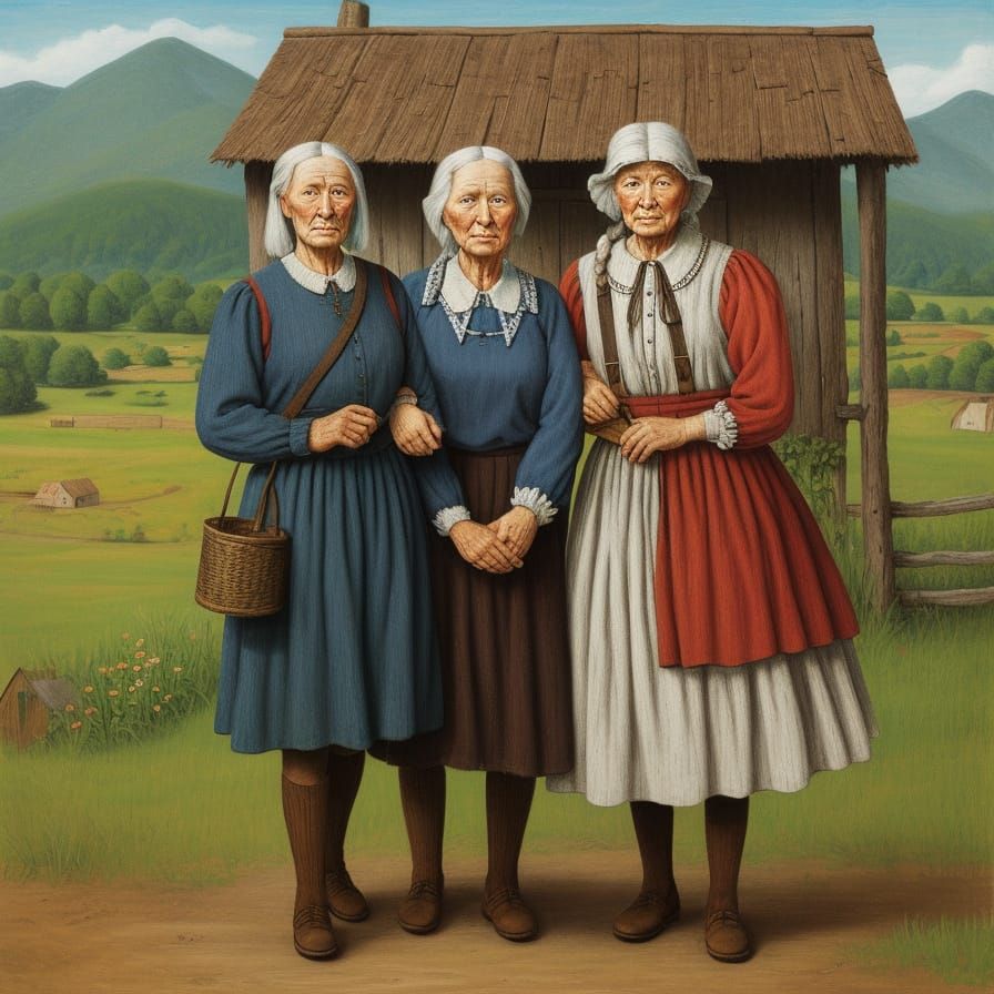 Rustic Folk Art Portrait of Rural Couple in Naive Style