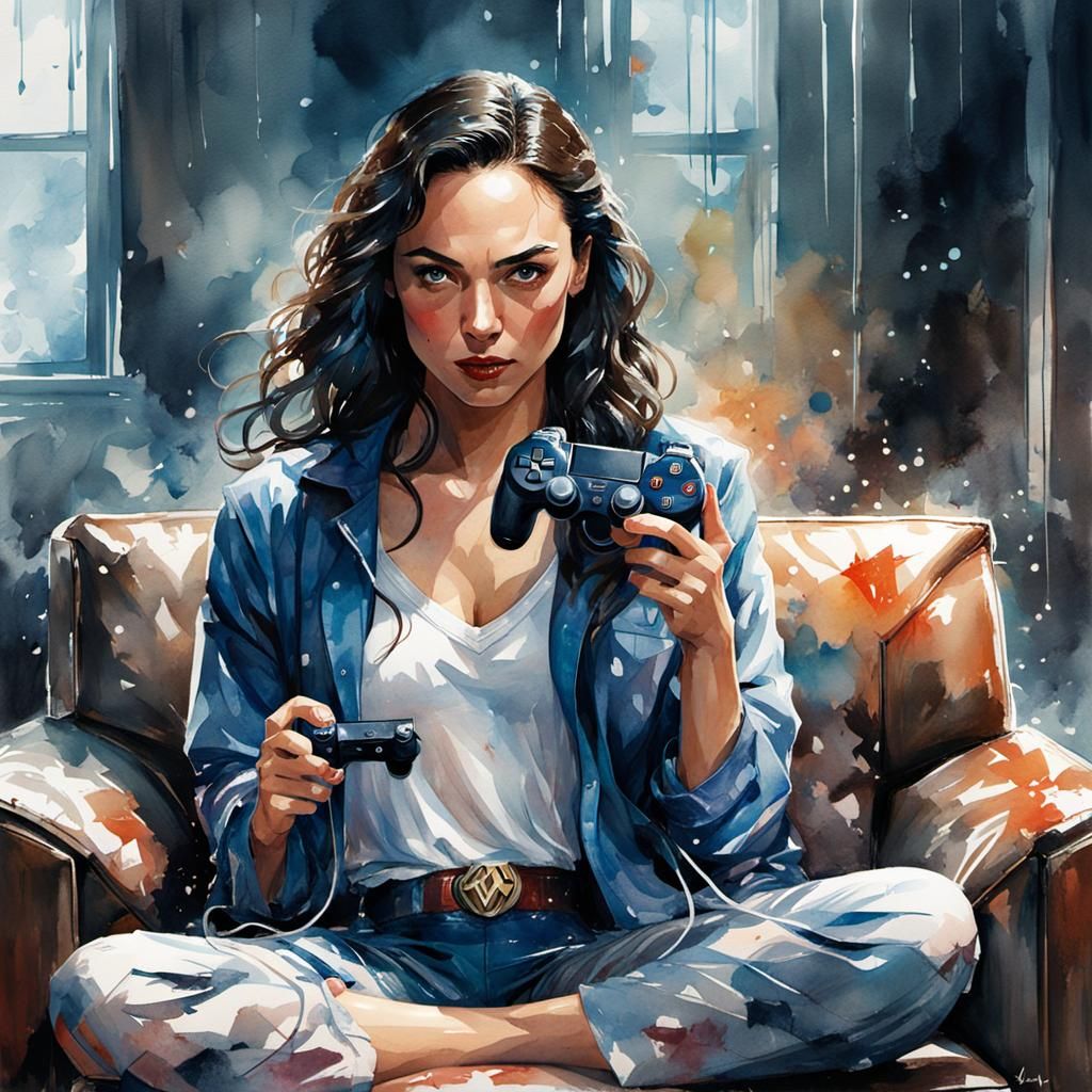 Stressed Woman Gamer in Watercolor Style
