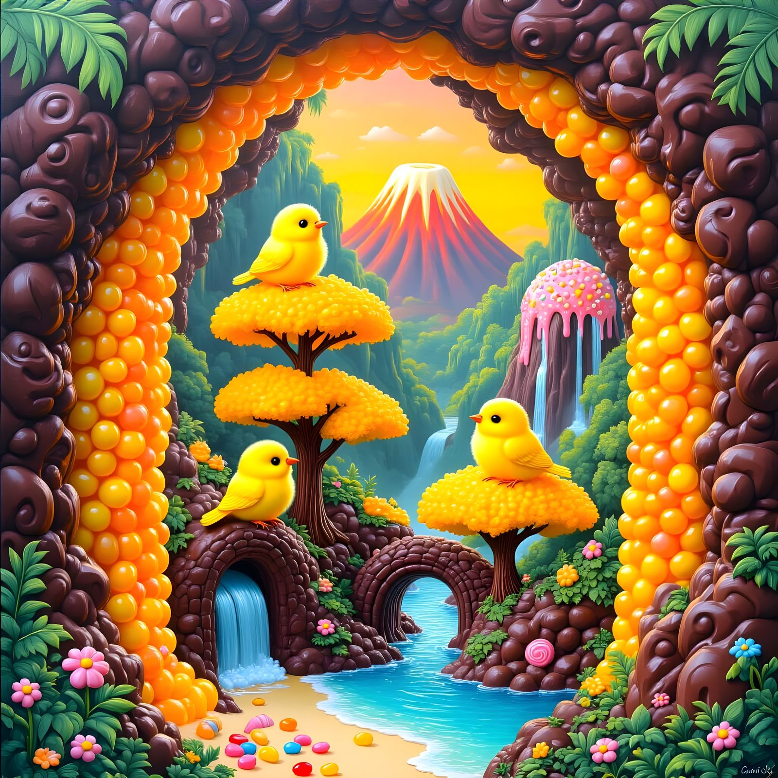 Candy World Scene with Fluffy Yellow Birds in Chocolate Land...