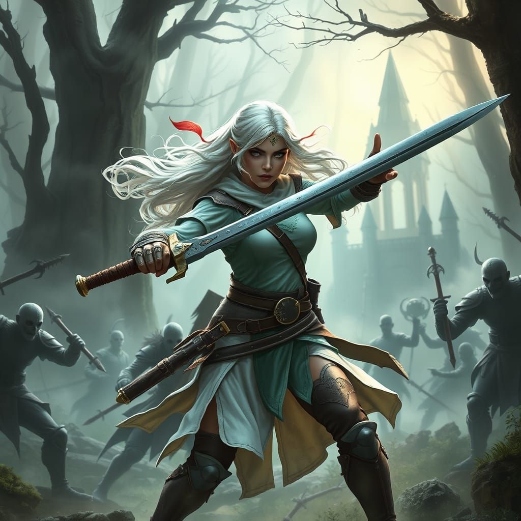 Mystical Ranger Battles Undead in Foggy Forest