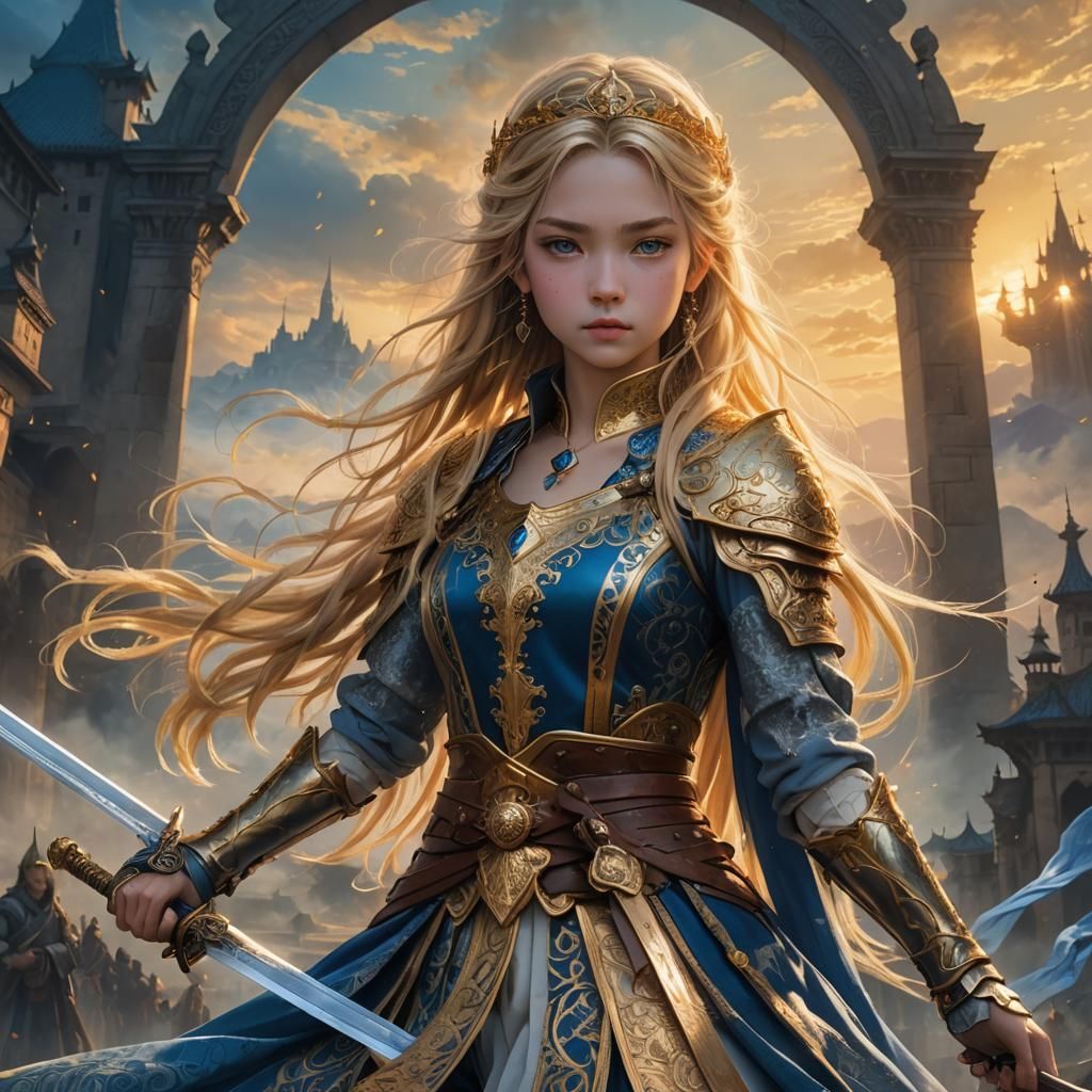 Anime Princess with Sword in Fantasy Landscape