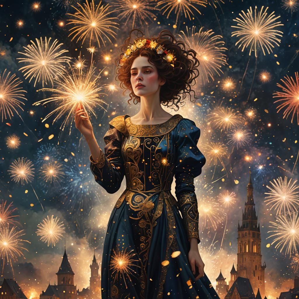 Woman with Fireworks in Gustav Klimt Style
