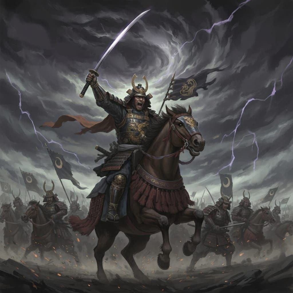 Samurai Shogun Leads Troops in Epic Battle Under Stormy Skie...