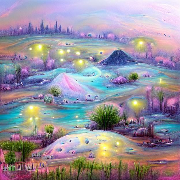 Pastel Alien Landscape with Floating Stars