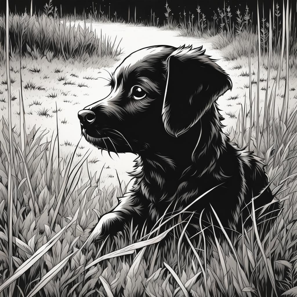 Puppy in Grass: Black and White Comic Art