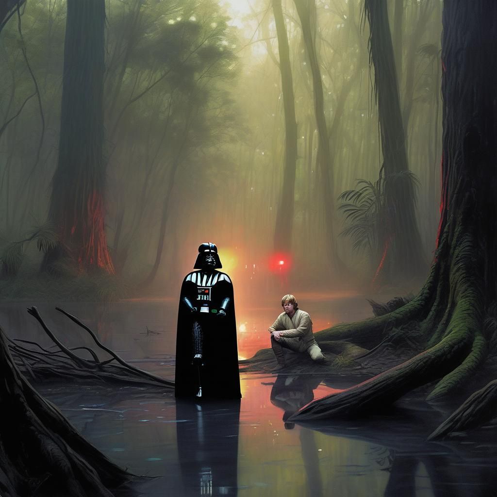 "Darth Vader reveals the truth to Luke Skywalker in a misty Dagobah swamp. Capture the shock and emotion on Luke's face ...