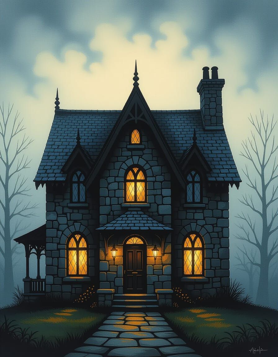 Gothic Stone Mansion in Eerie Fog, Impressionist Style
