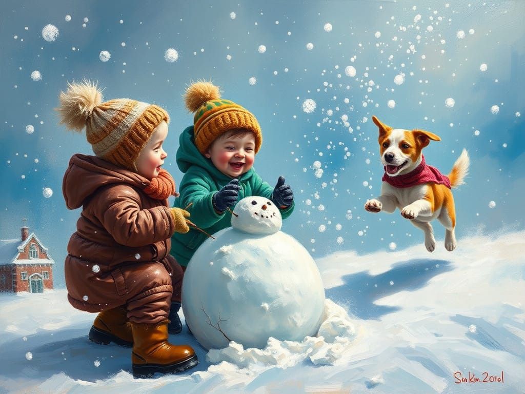 Joyful Children Create Snowmen in a Vibrant Oil Painting