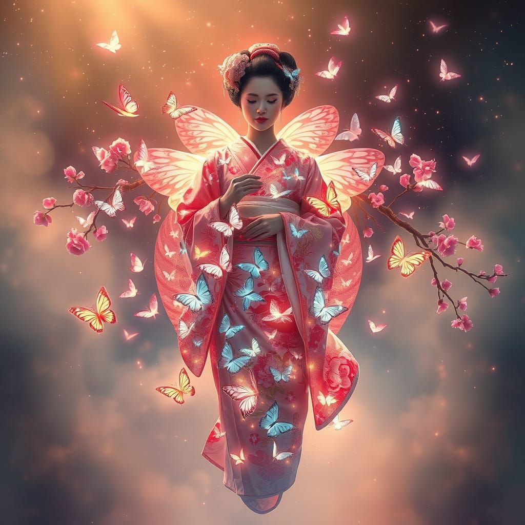 Ethereal Geisha in Butterfly Kimono with Cherry Blossoms