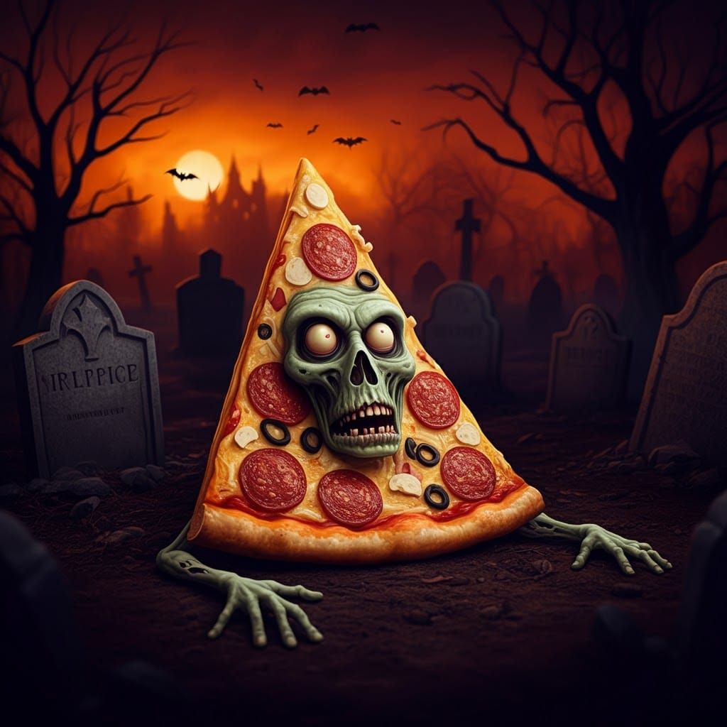 Anthropomorphic Zombie Pizza laying in a Creepy  Halloween G...
