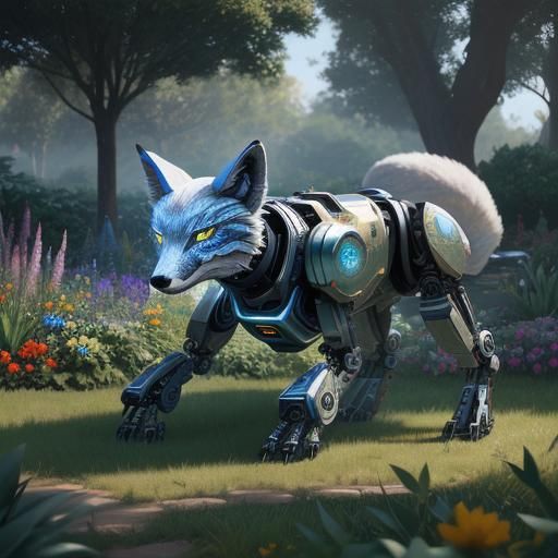 Cyborg Fox in Garden, Cosmic Mixed Media
