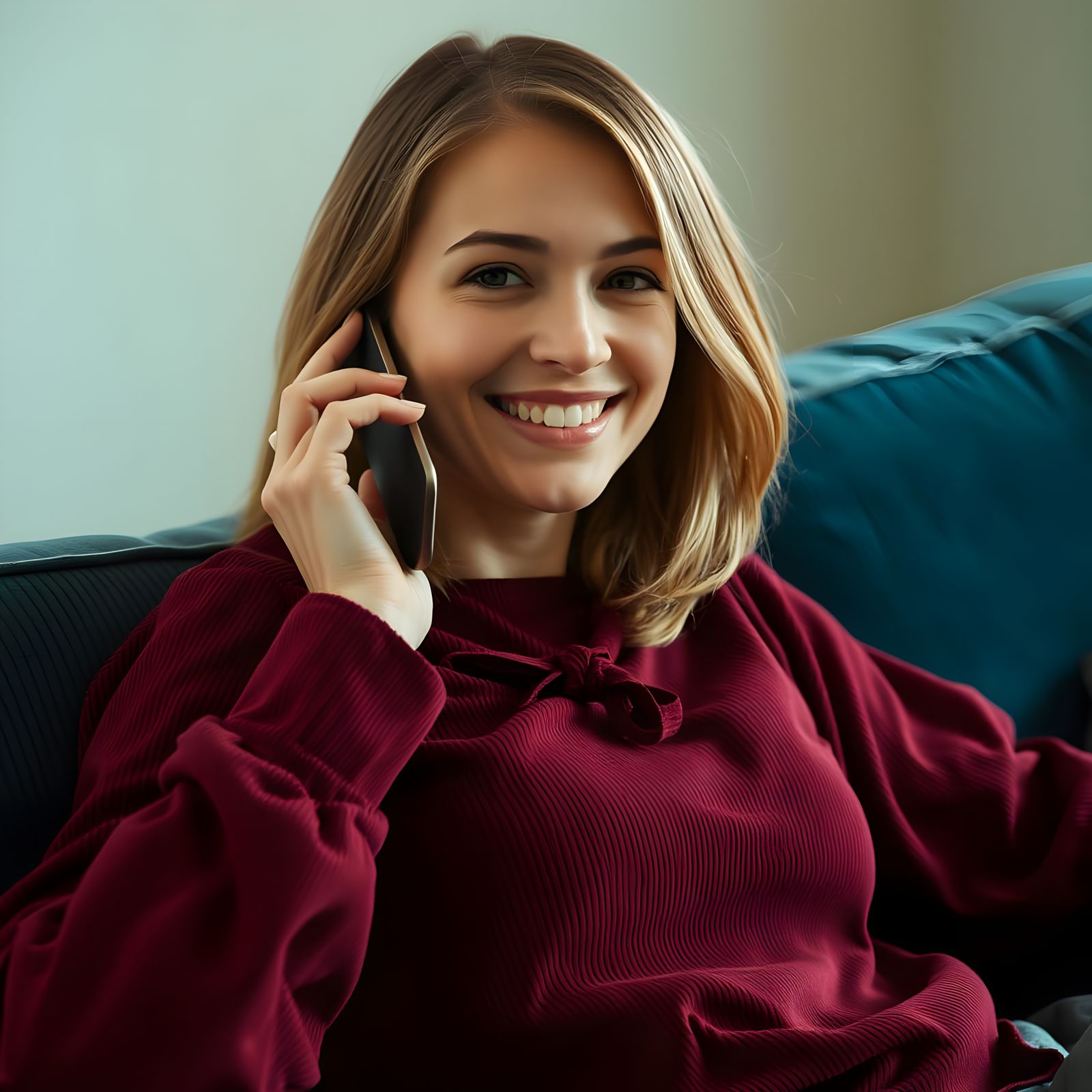 Relaxed Young Woman Smiles on Phone in Cozy Indoor Setting