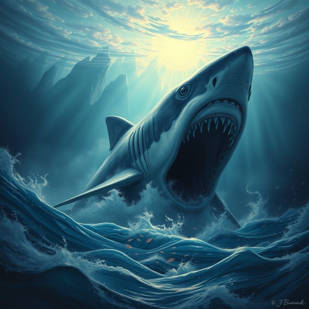 Megalodon Shark Surrounded by Ethereal Oceanic Aura