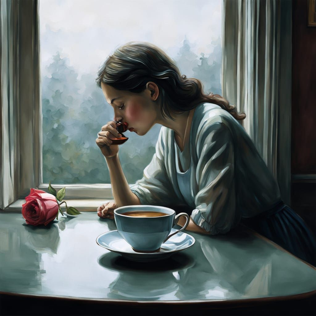 Melancholic Tea Drinker in Muted Light, Oil Painting