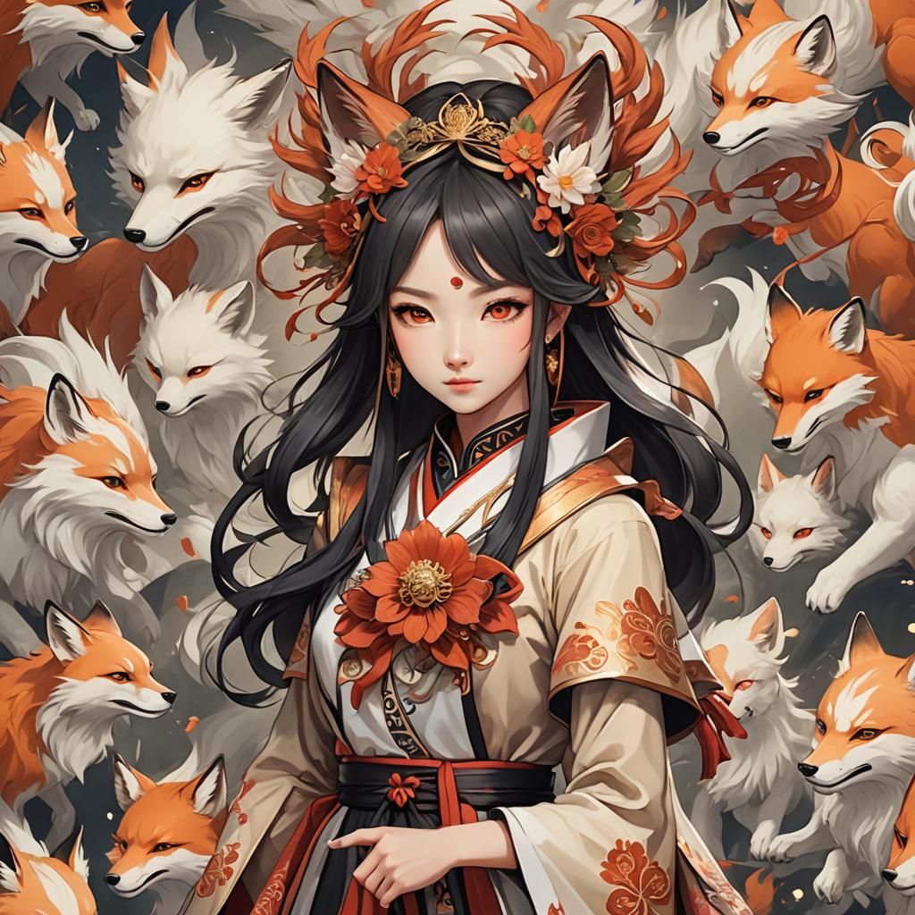 Fantasy Woman with Fox Ears and Tails