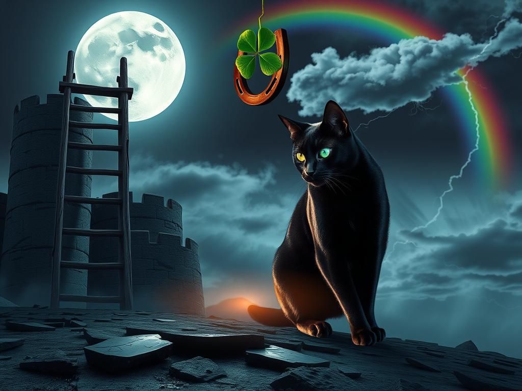 Black Cat and Full Moon in Dark Surrealism