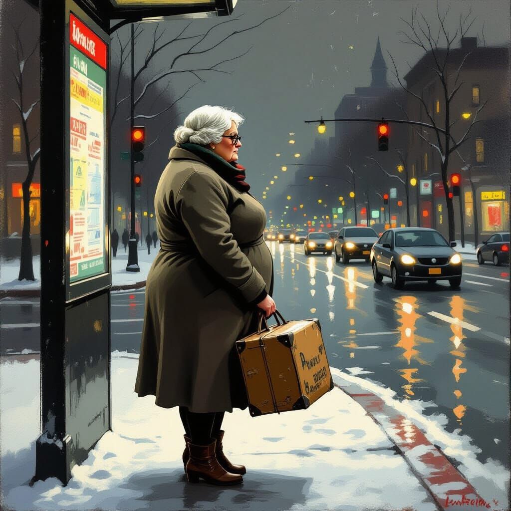 Elderly Woman at Gloomy City Bus Stop