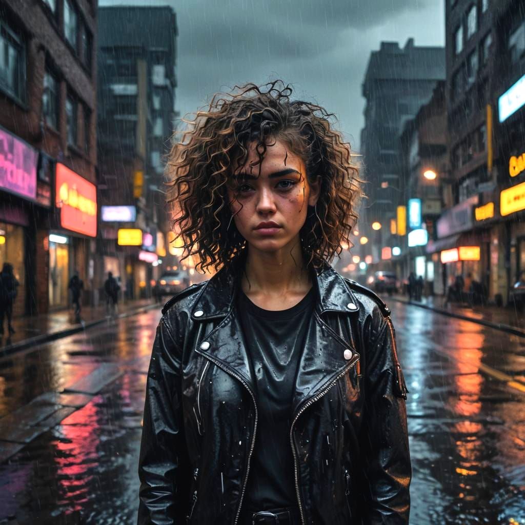 Sad Cyberpunk Girl in the Rain
