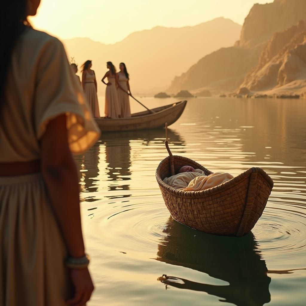 Moses Basket on the Nile: Ancient Egypt Scene