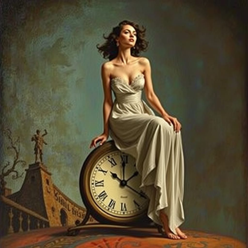 Ethereal Woman on Timeless Clock, in Surrealist Art Style
