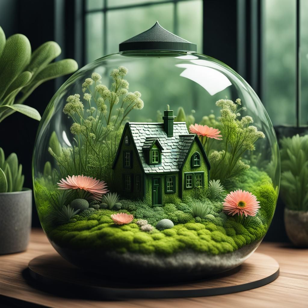 Closed Terrarium Greenery Tiny House With Mold, Algae & Flow...