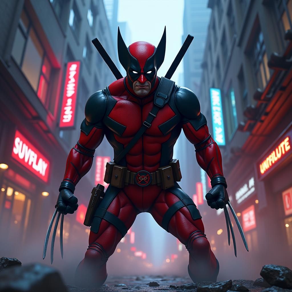 Wolverine-Deadpool Hybrid in a Neon Cityscape
