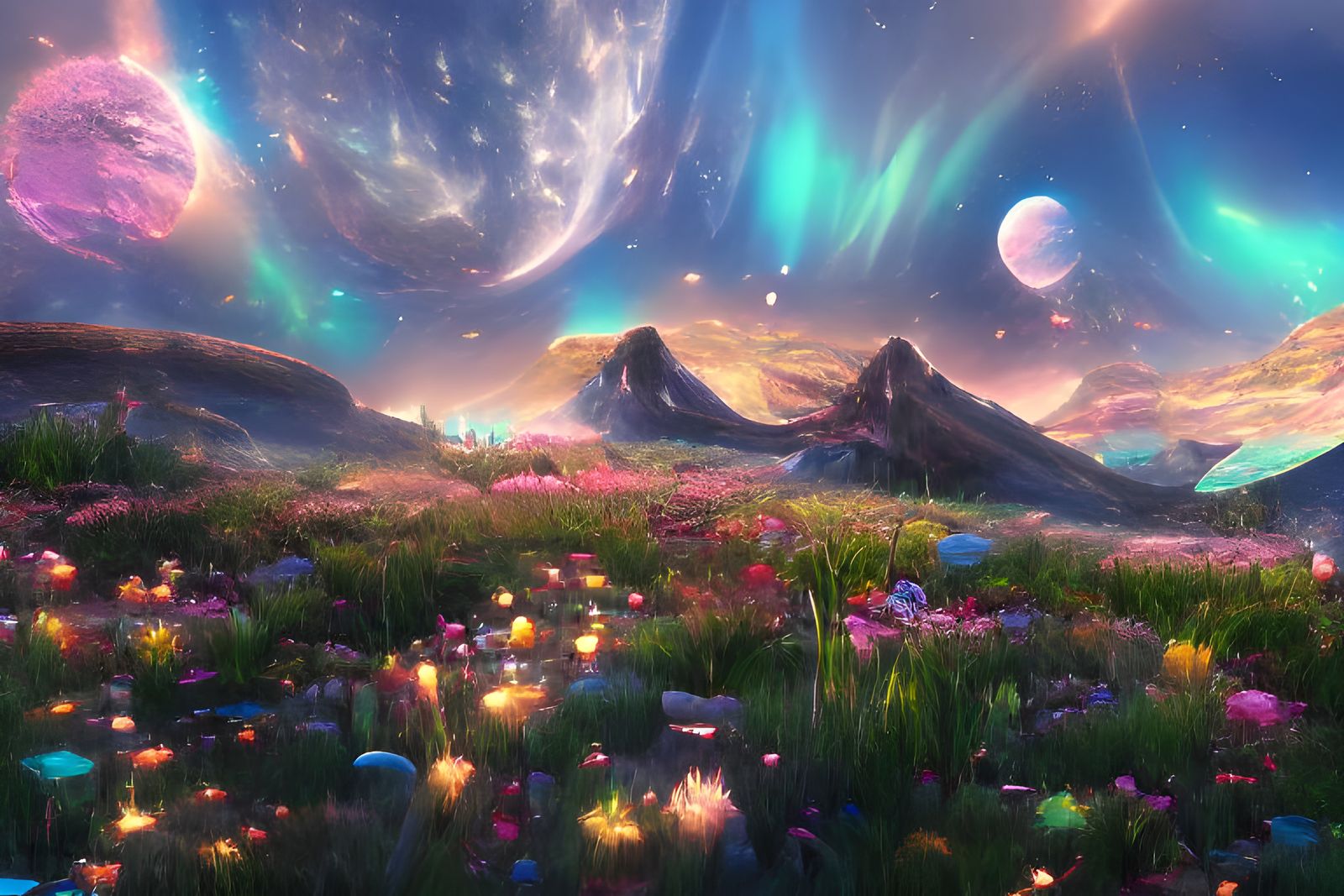 Futuristic Alien Zen Garden with Glowing Moons