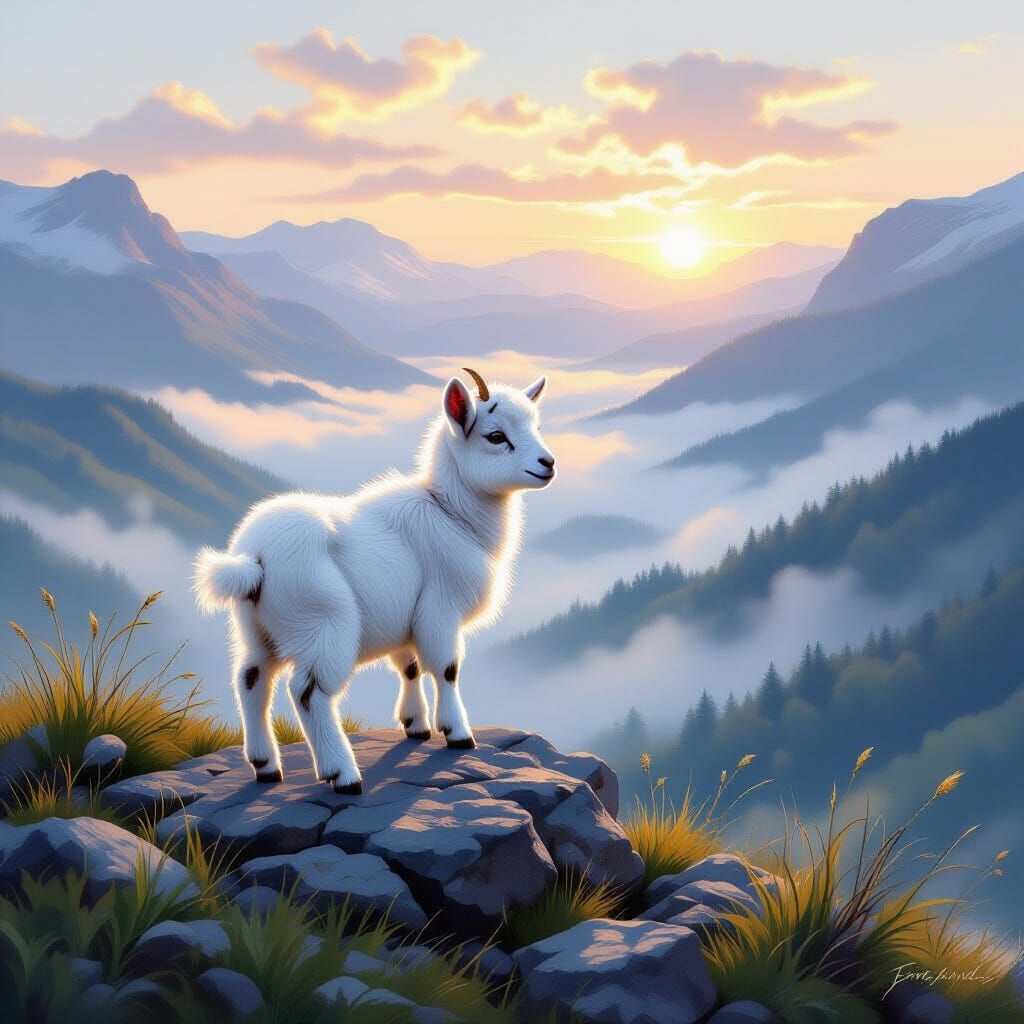 Majestic Baby Goat Overlooking Misty Valley