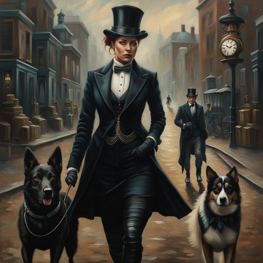 Clockpunk Woman Walking Dogs: Oil Painting