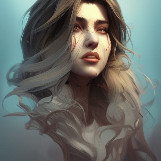She-Wolf Portrait with Full Moon, Detailed Digital Art