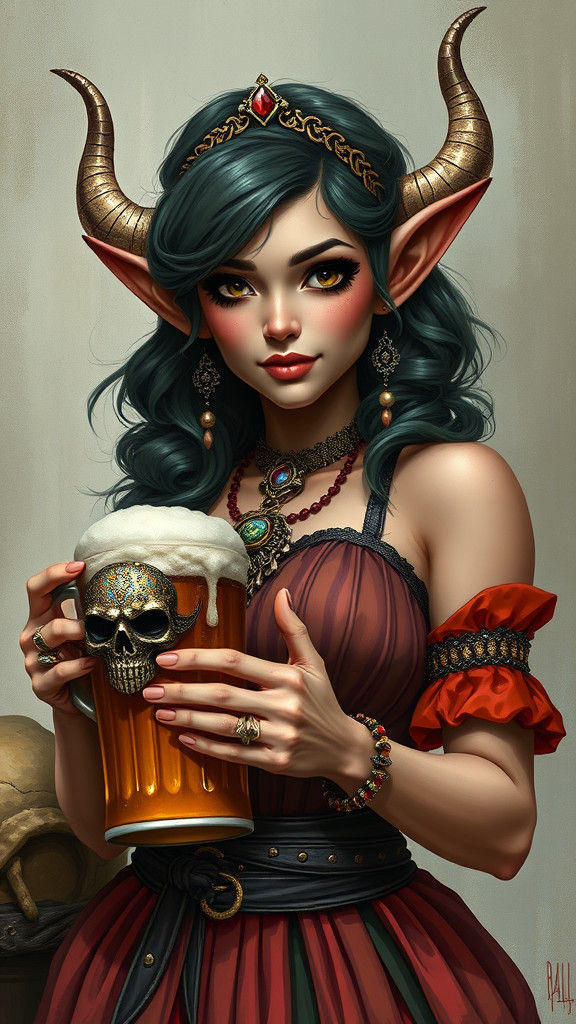 Elf Maiden with Beer Cup in Digital Painting Style