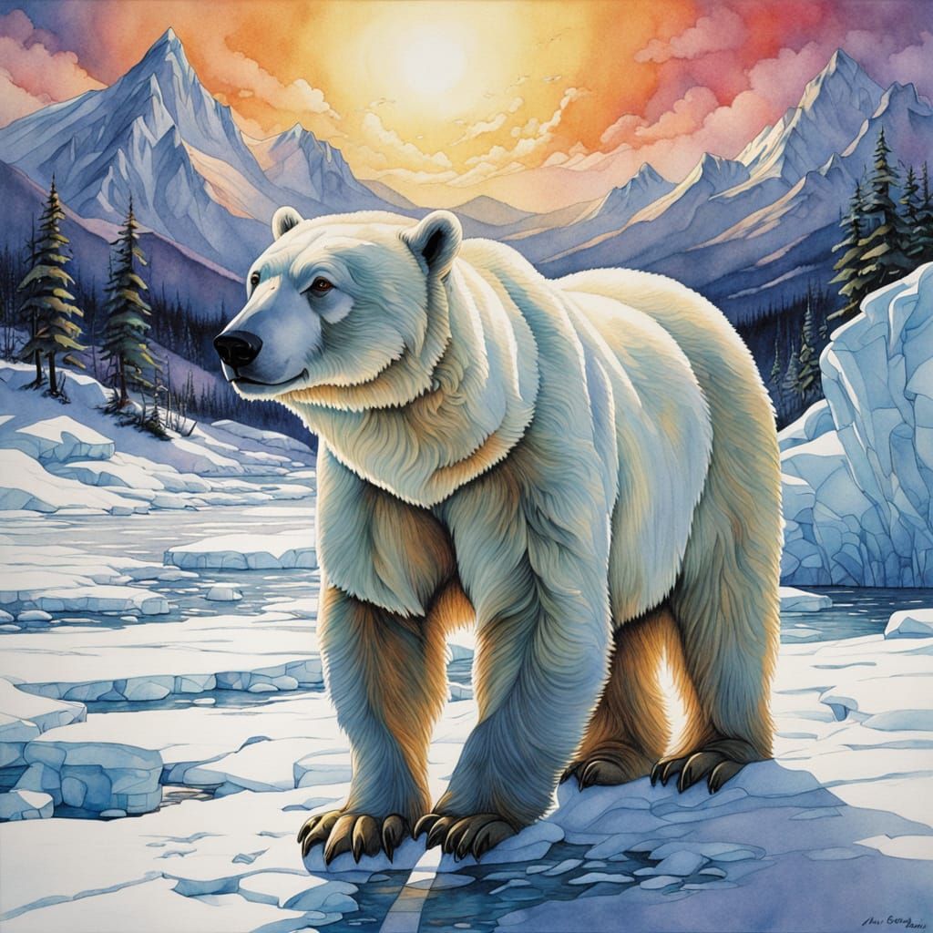A majestic polar bear standing in its icy Arctic habitat with vibrant colored prismatic lighting bouncing off its entire...