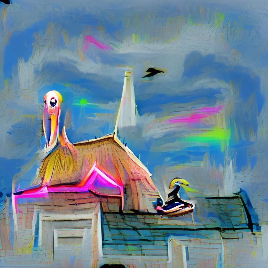 Pelican on Church Roof in Surreal Ink Drawing