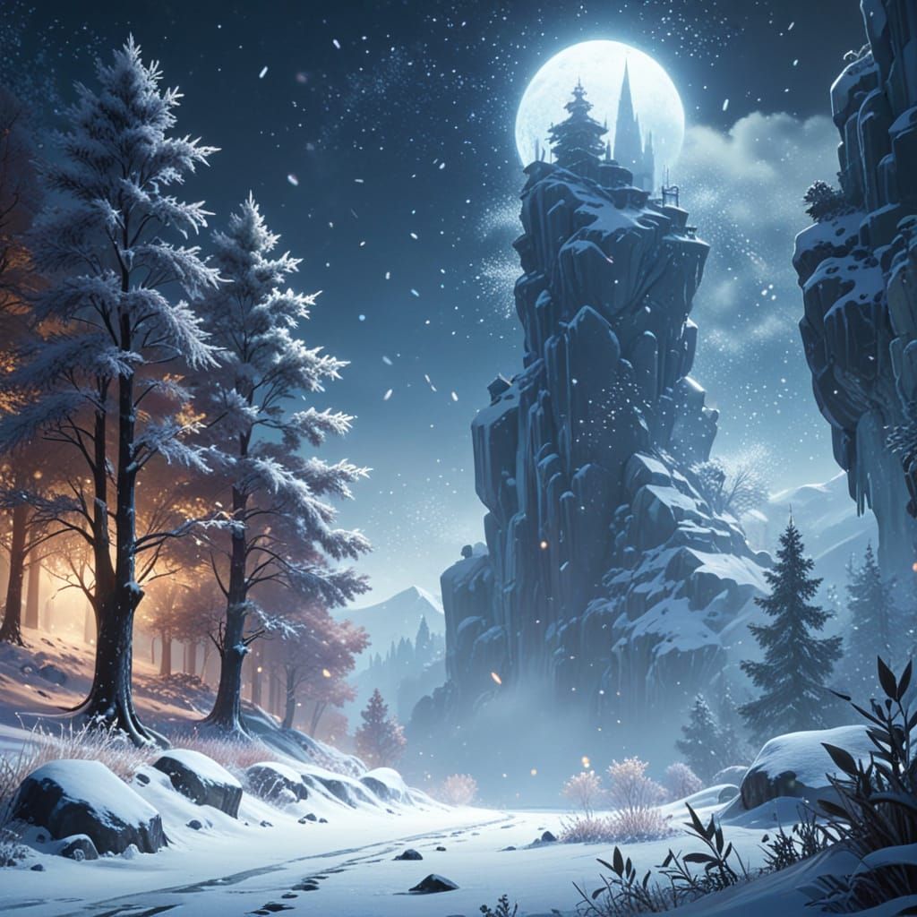 Frozen Winter Landscape in Cel-Shaded Anime Style