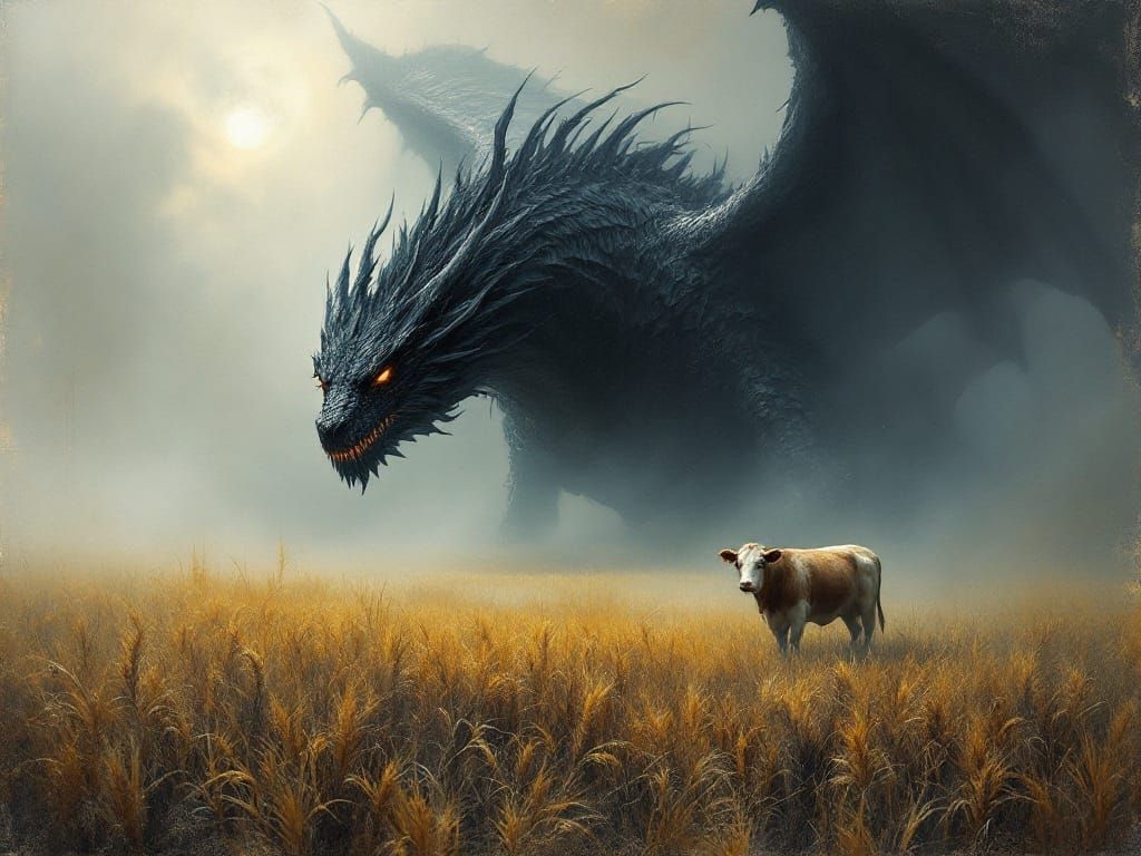 Ethereal Black Dragon Emerges from Fog in Moonlit Wheat Fiel...