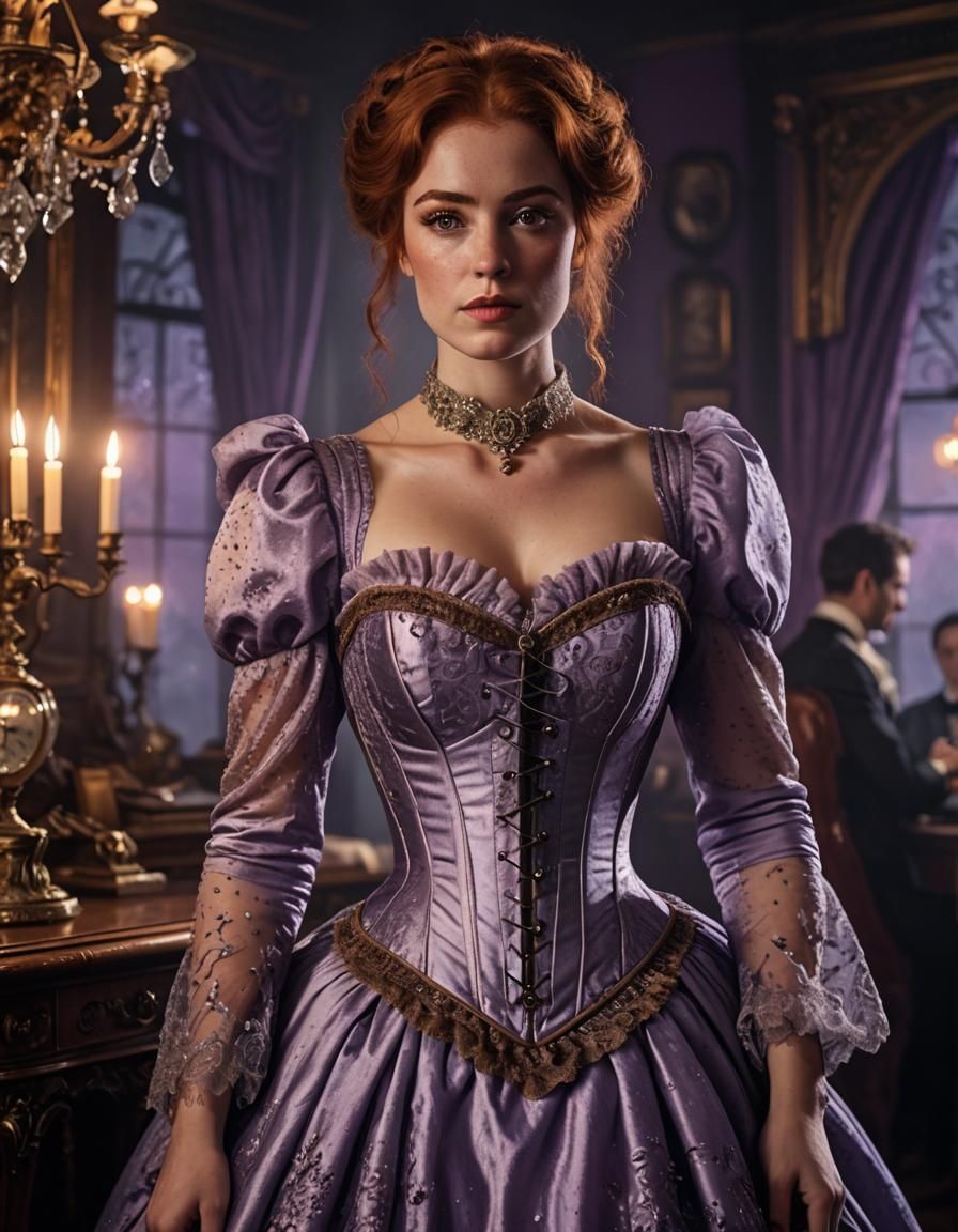 Victorian Woman Portrait in Purple Dress, Digital Painting