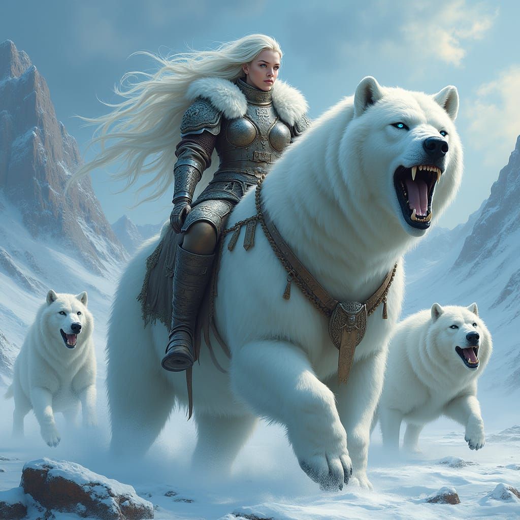 Norse Woman Warrior on Polar Bear in Icy Landscape