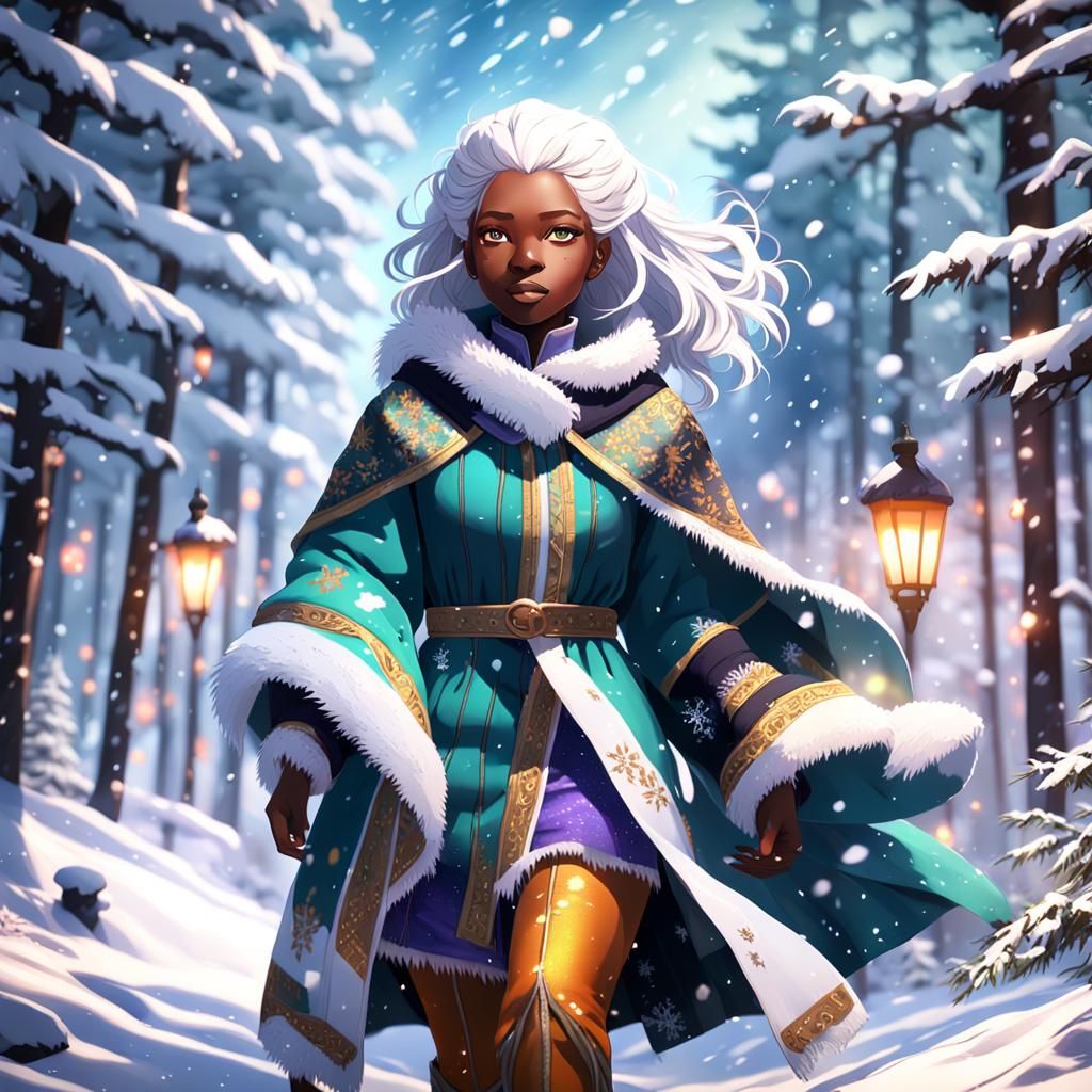 Anime Woman in Snowy Forest, 3D Render