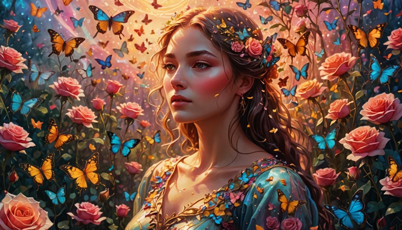 Woman in Rose Field: Visionary Fantasy Illustration